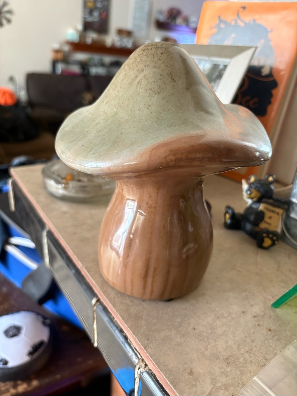 Glazed Ceramic Mushroom Figurine - Beige and Brown